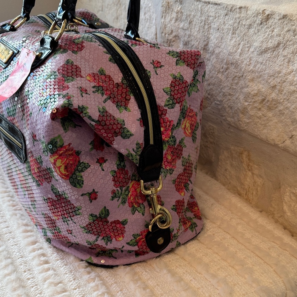 Betsey Johnson-Pink Floral Travel Bag with Black Accents - Picture 6 of 11